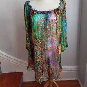 NICOLE OLIVIER FRANCE SILK CHIFFON LEOPARD PRINT COVERUP TUNIC TOP NWT OS